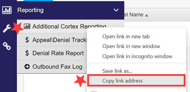 Screenshot of how to copy the reporting link